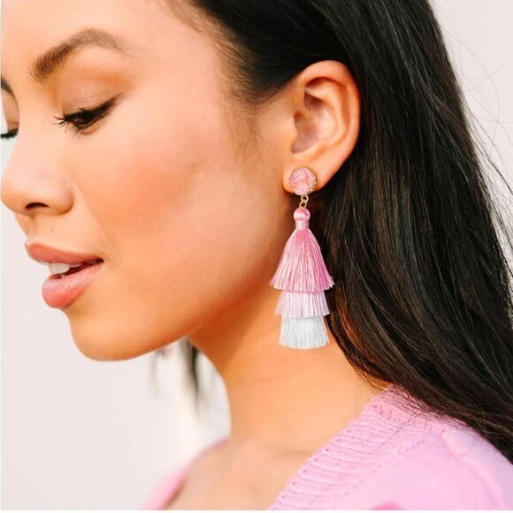 14K Yellow Gold with Pink White Ombre Silk Thread Tassel Quartz Druzy Earrings - Picture 5 of 9